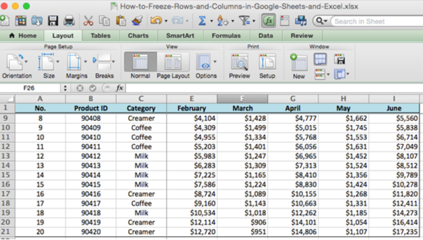 how do you freeze columns in excel for mac?